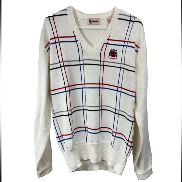 Vintage 80s 90s Antigua Size Medium V-Neck Sweater Plaid Palm Beach Crest Tennis - Picture 1 of 7